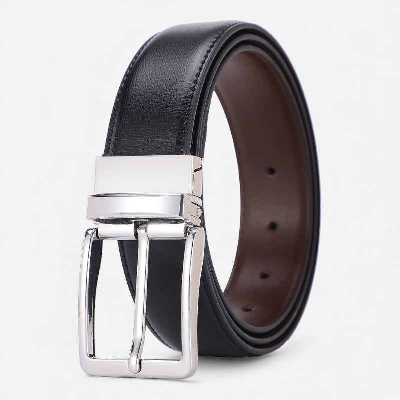 Ceinture Cuir Noir & Marron Boucle Argentée Homme - Réversible 2 en 1