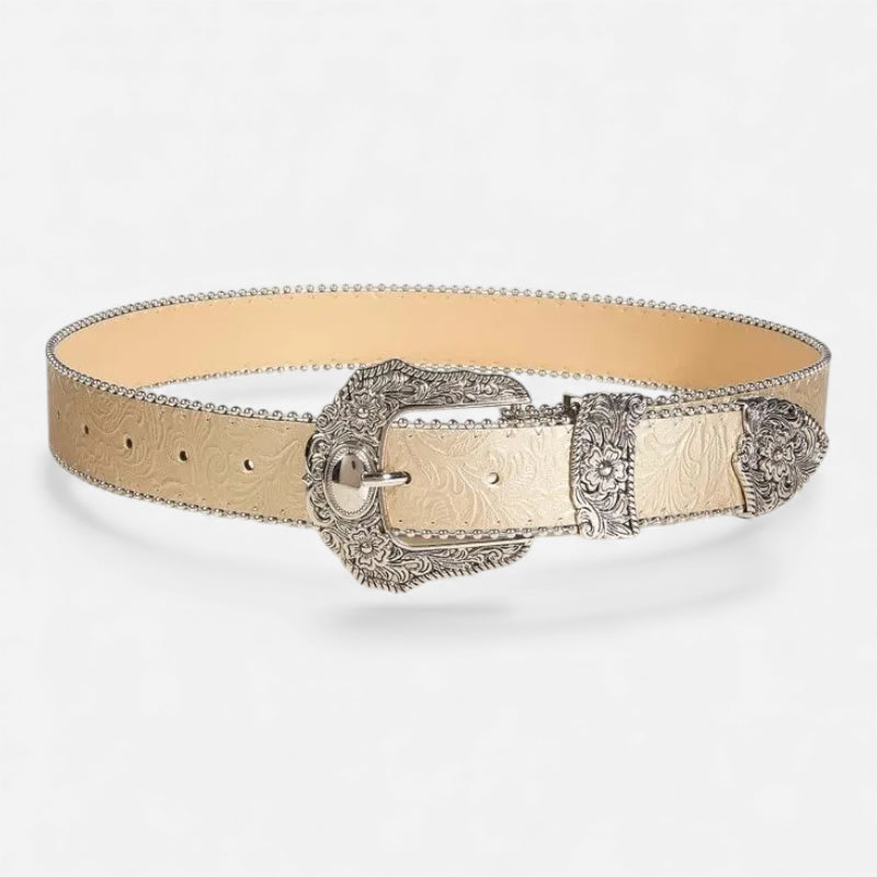 Ceinture Cuir Véritable Beige Boucle Argentée Western Vintage