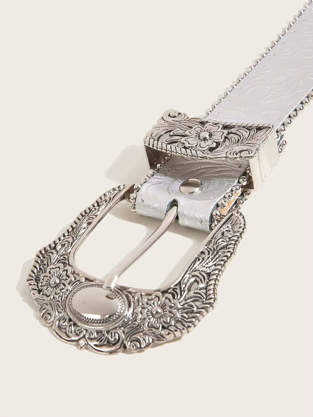 Ceinture Cuir Véritable Gris Boucle Argentée Cowboy Western Femme et Homme