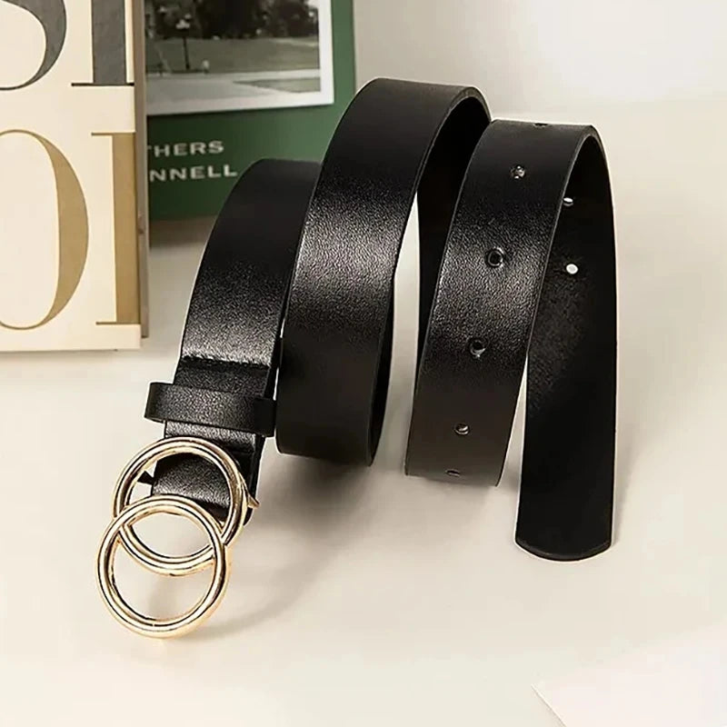 Ceinture Cuir Noir Boucle Ronde Dorée Femme