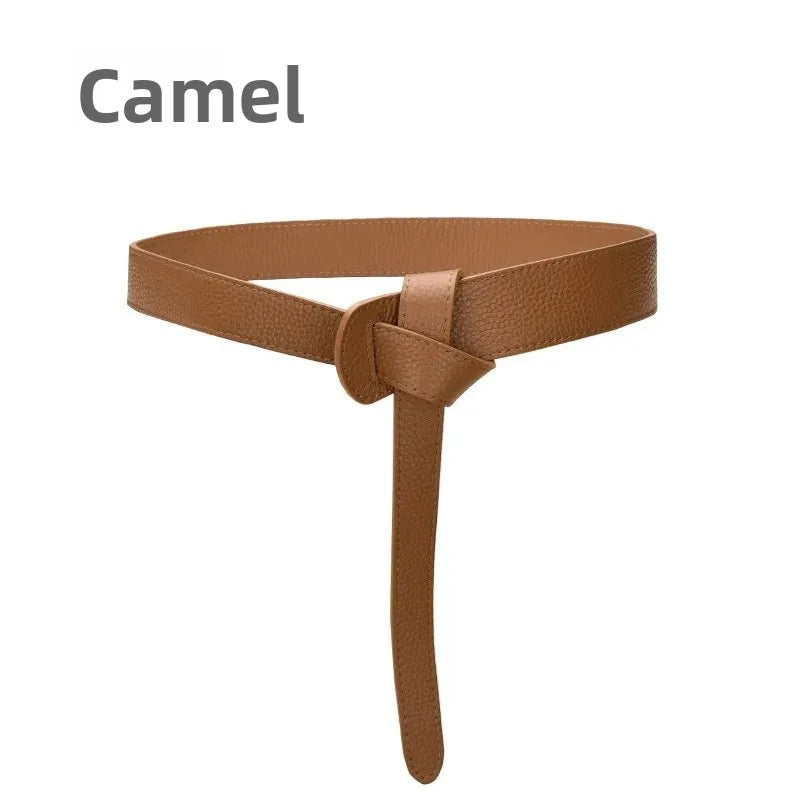Ceinture à Nouer Cuir Véritable Beige Souple Taille Haute Femme