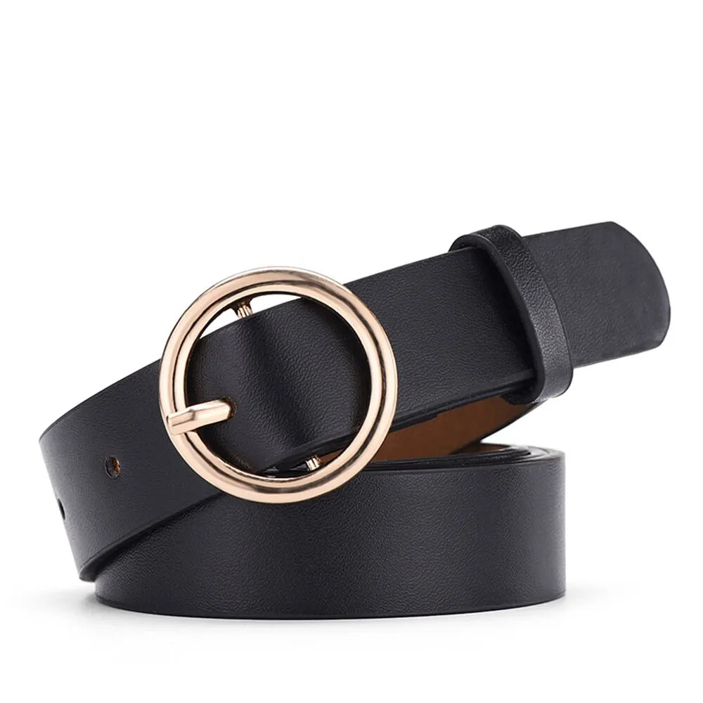 Ceinture Cuir Noir Boucle Simple Ronde Dorée Femme