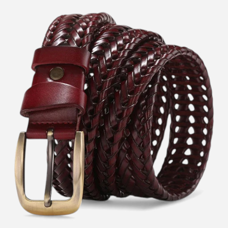 Ceinture Cuir Véritable Tressé Bordeaux Boucle Dorée Costume