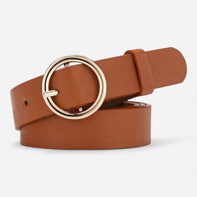Ceinture Cuir Camel Boucle Simple Ronde Dorée Femme