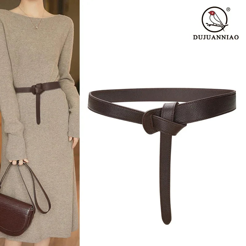 Ceinture à Nouer Cuir Véritable Beige Souple Taille Haute Femme