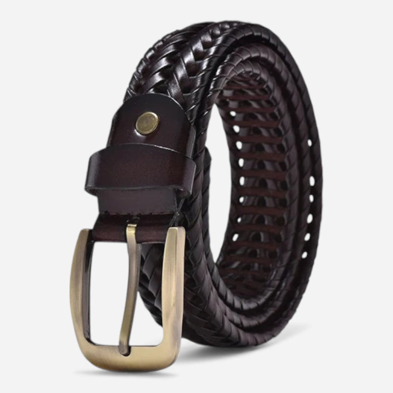Ceinture Cuir Tressée Marron Très Foncé Boucle Dorée Costume
