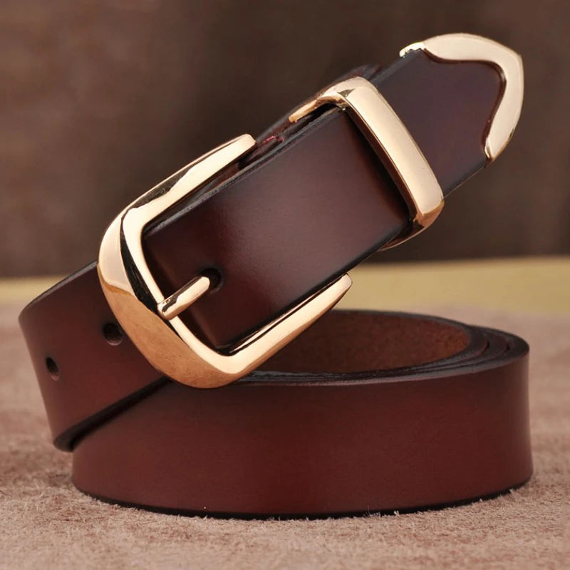Ceinture Cuir Marron Foncé Boucle Dorée Femme