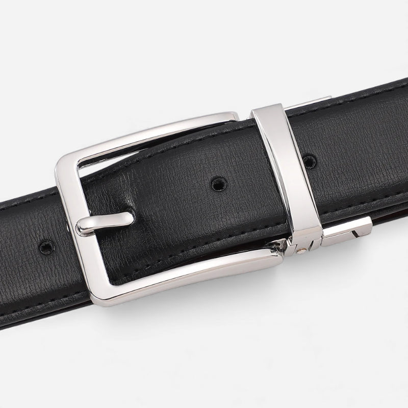 Ceinture Cuir Noir Boucle Argentée Homme - Réversible 2 en 1