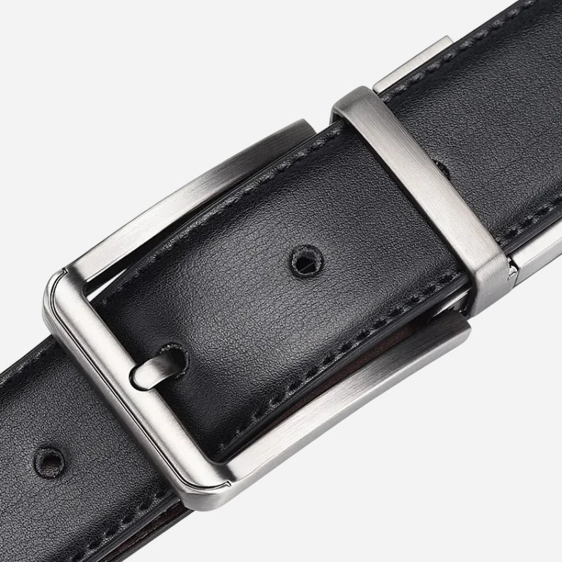 Ceinture En Cuir Noir Boucle Argentée Homme - Réversible 2 en 1
