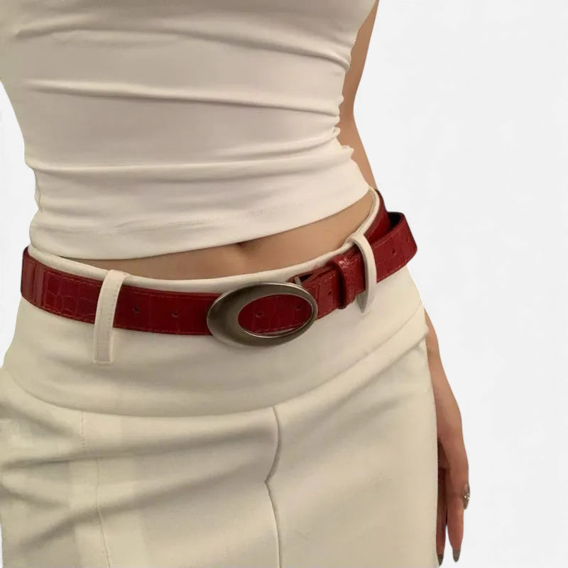 Ceinture Cuir Crocodile Véritable Rouge Bordeaux Boucle Argentée Vintage Y2K Femme - 105 cm