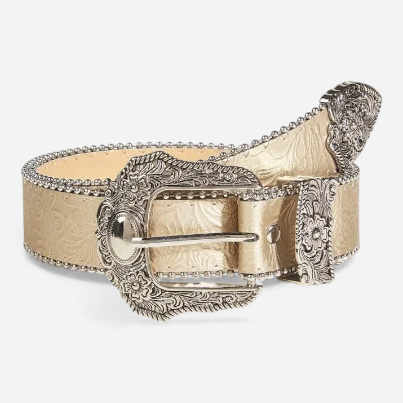 Ceinture Cuir Véritable Beige Boucle Argentée Western Vintage