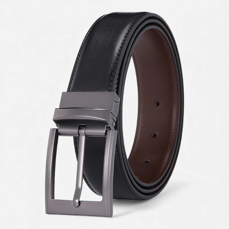 Ceinture Cuir Noir & Marron Boucle Gris Brillant Homme - Réversible 2 en 1