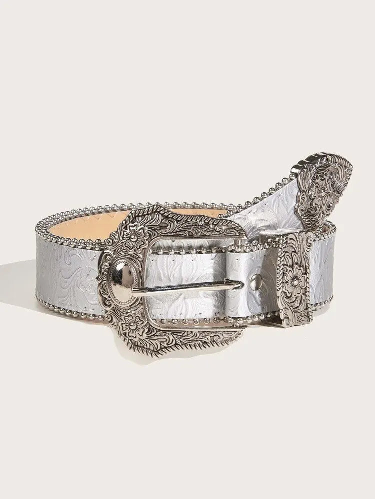 Ceinture Cuir Véritable Gris Boucle Argentée Cowboy Western Femme et Homme