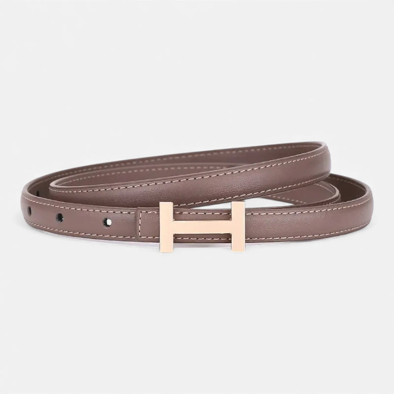 Ceinture Boucle H Dorée Fine Cuir Marron Taupe Pour Femme