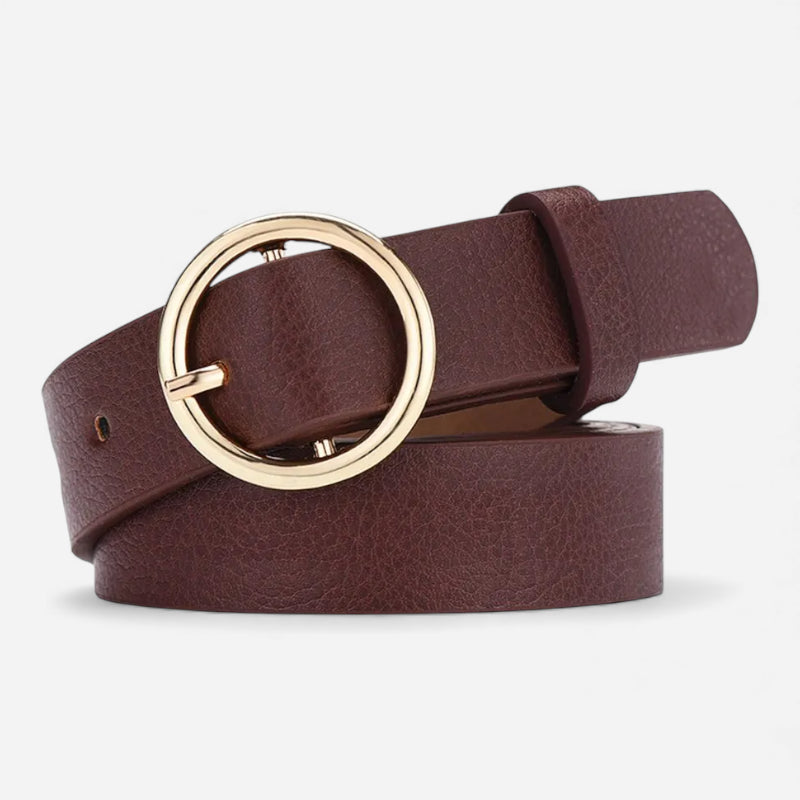 Ceinture Cuir Marron Foncé Boucle Simple Ronde Dorée Femme