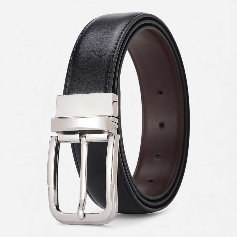 Ceinture Cuir Noir & Marron Boucle Argentée Arrondie Homme - Réversible 2 en 1