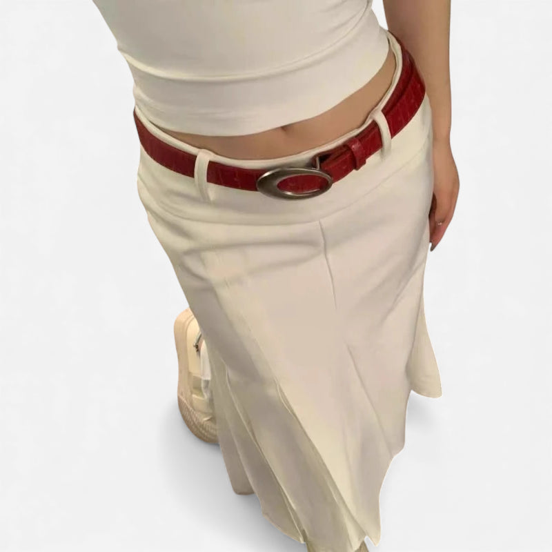 Ceinture Cuir Crocodile Véritable Rouge Bordeaux Boucle Argentée Vintage Y2K Femme - 105 cm