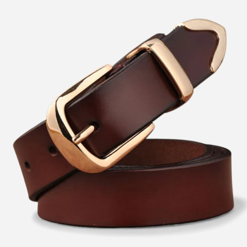 Ceinture Cuir Marron Foncé Boucle Dorée Femme