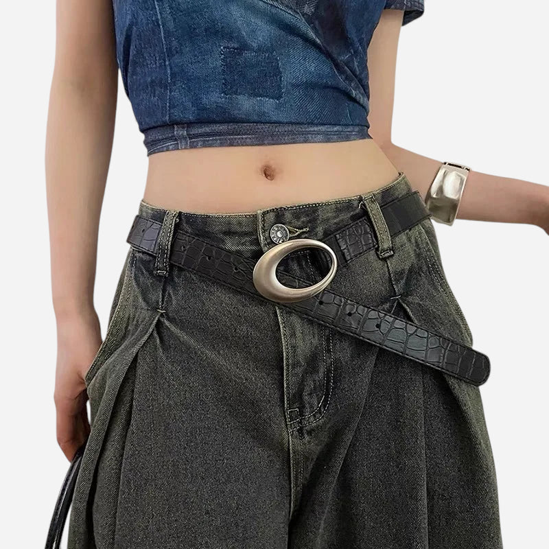 Ceinture Cuir Crocodile Véritable Noir Boucle Argentée Vintage Y2K Femme - 105 cm