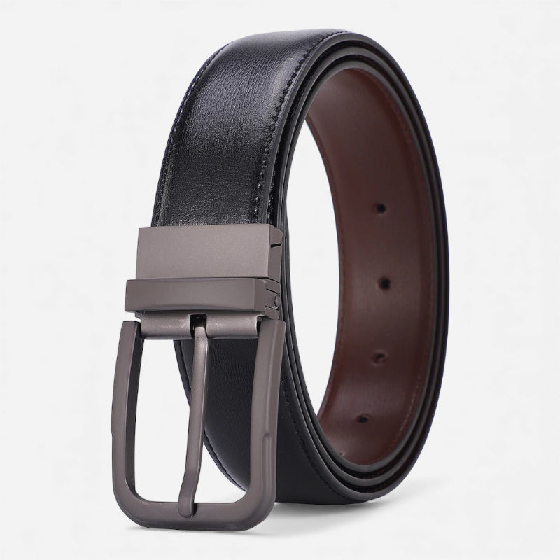 Ceinture Cuir Noir Boucle Grise Pour Homme - Réversible 2 en 1