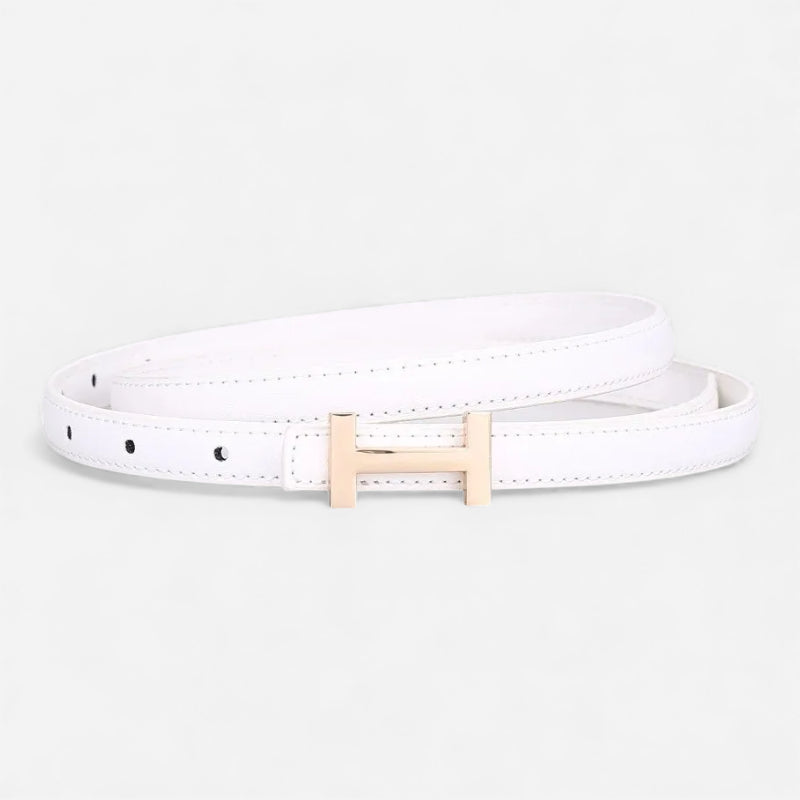 Ceinture Boucle H Dorée Fine Cuir Blanc Pour Femme