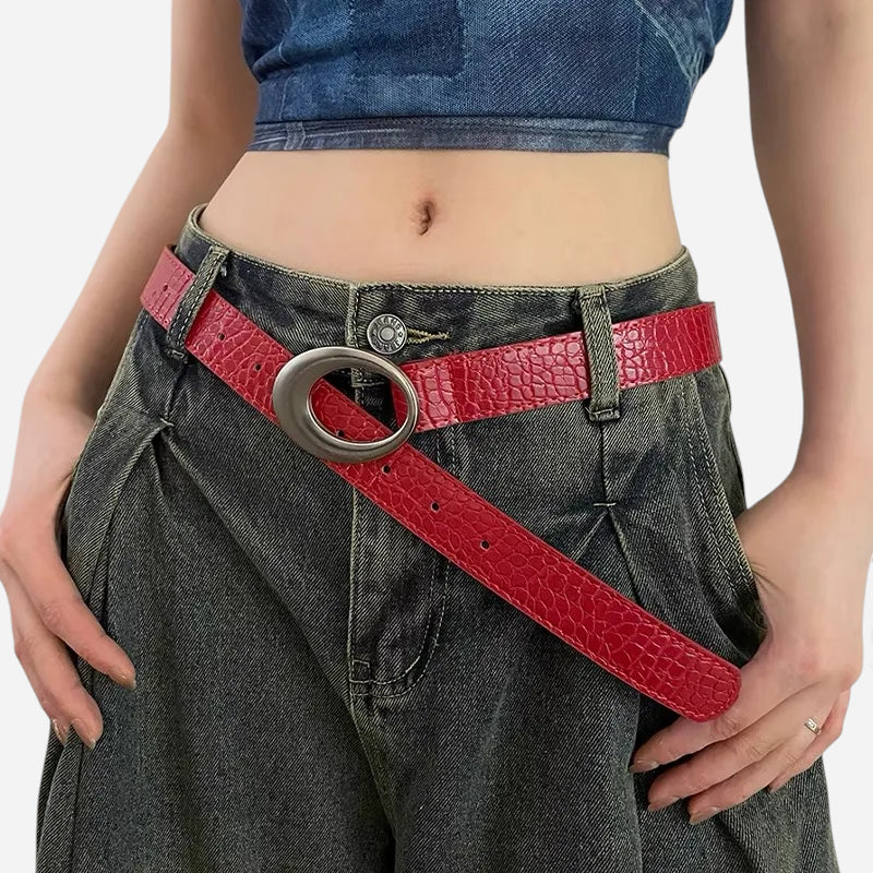 Ceinture Cuir Crocodile Véritable Rouge Bordeaux Boucle Argentée Vintage Y2K Femme - 105 cm