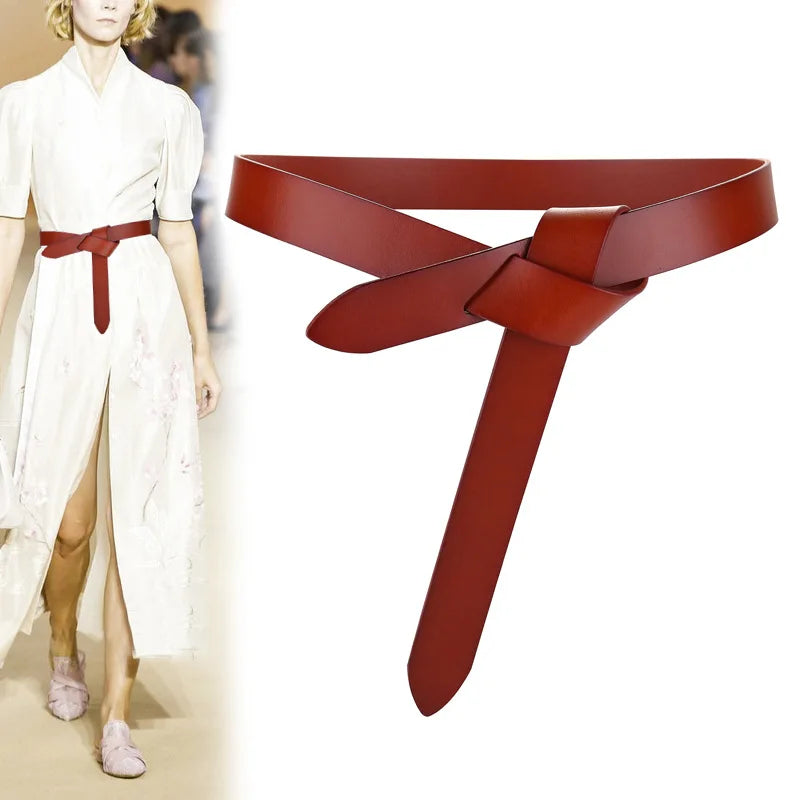 Ceinture Cuir Véritable Beige Fine à Nouer Robe Femme
