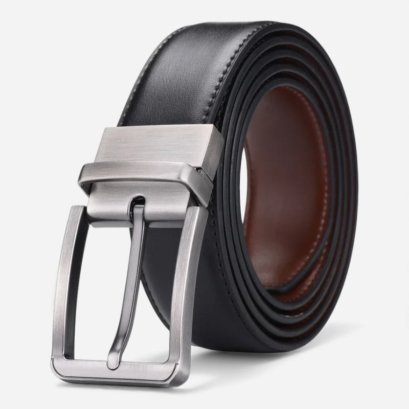 Ceinture En Cuir Noir Boucle Argentée Homme - Réversible 2 en 1