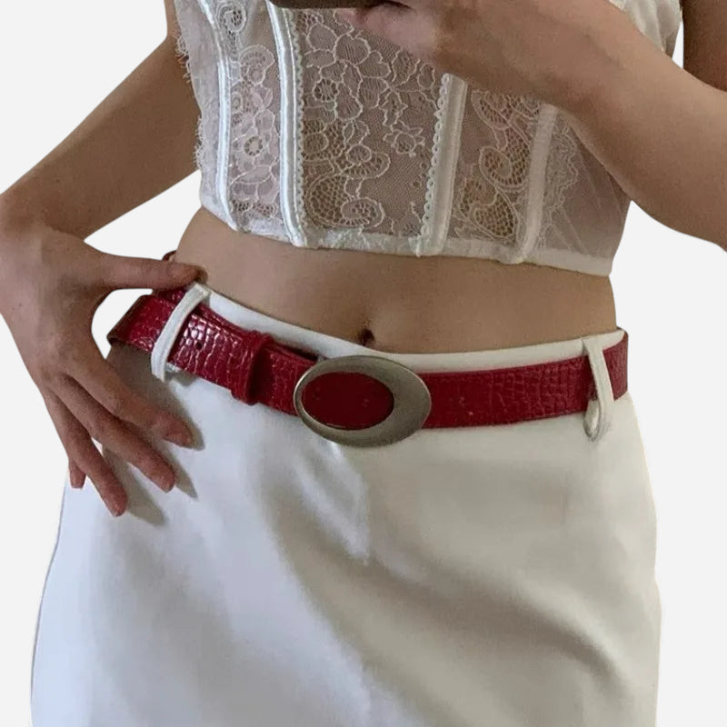 Ceinture Cuir Crocodile Véritable Rouge Bordeaux Boucle Argentée Vintage Y2K Femme - 105 cm