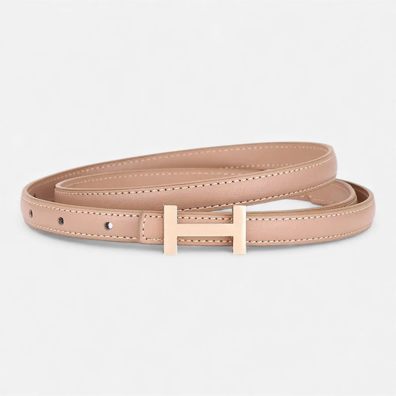 Ceinture Boucle H Dorée Fine Cuir Beige Pour Femme