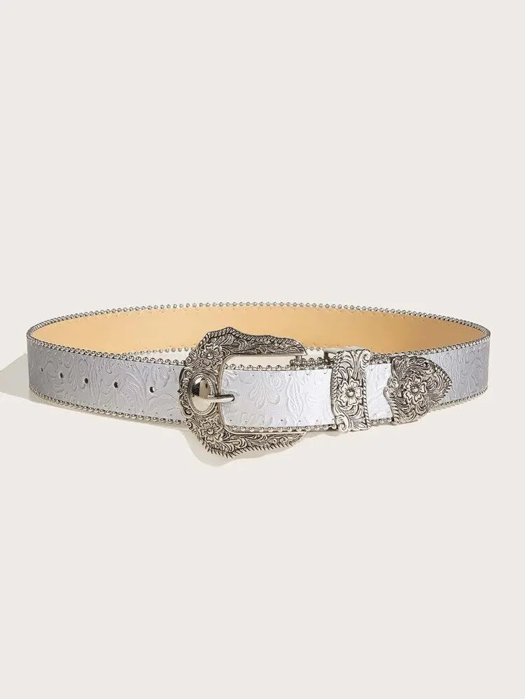 Ceinture Cuir Véritable Gris Boucle Argentée Cowboy Western Femme et Homme