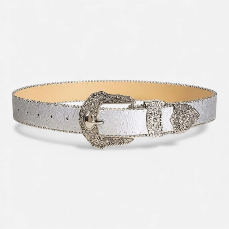 Ceinture Cuir Véritable Gris Boucle Argentée Cowboy Western Femme et Homme