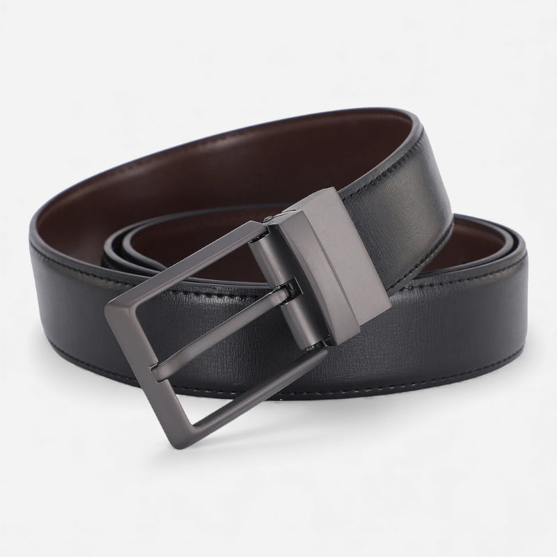 Ceinture Cuir Noir & Marron Boucle Grise Homme - Réversible 2 en 1