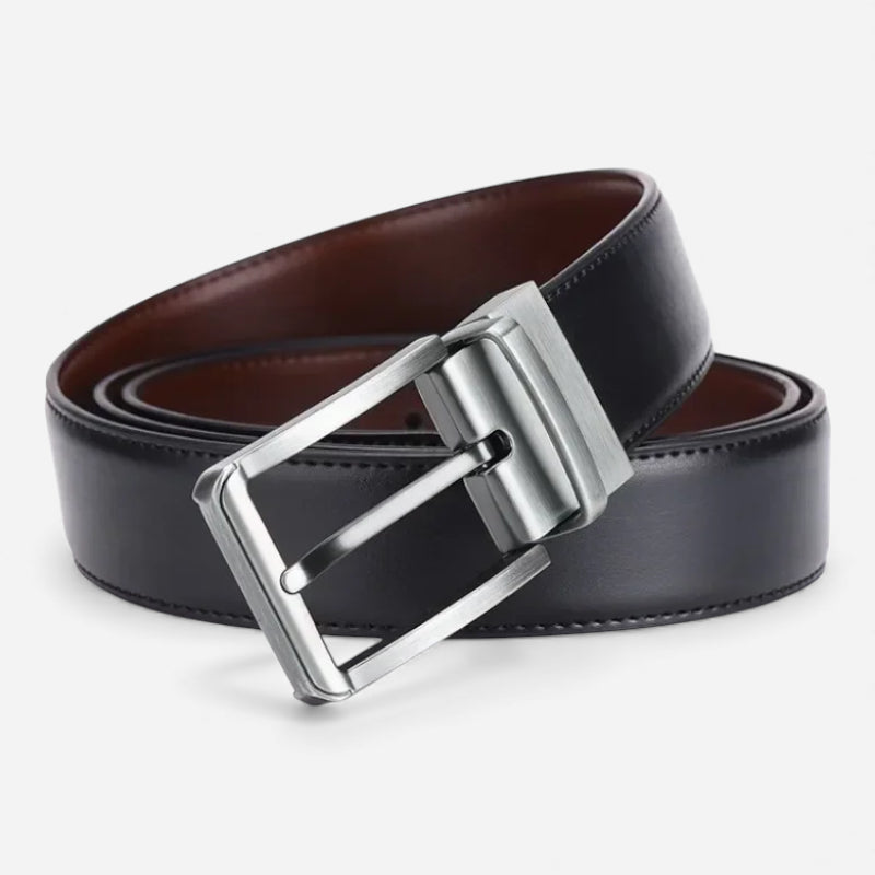 Ceinture En Cuir Noir & Marron Boucle Argentée Homme - Réversible 2 en 1