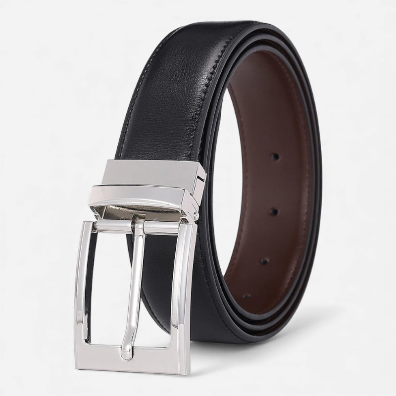 Ceinture Cuir Noir & Marron Boucle Argentée Carrée Homme - Réversible 2 en 1