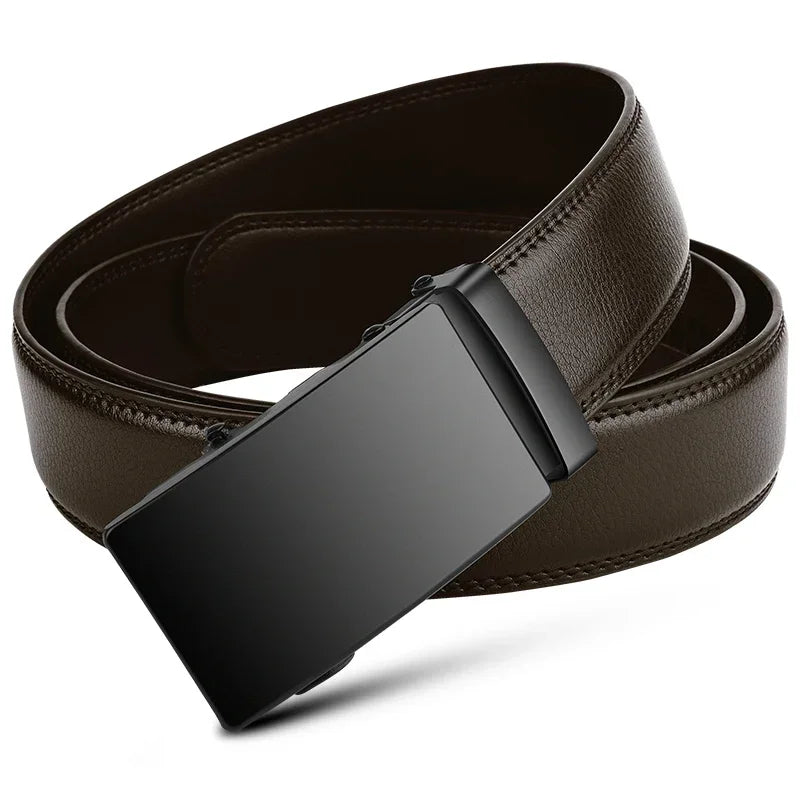 Ceinture Automatique Boucle Noire Cuir Véritable Marron Foncé Homme