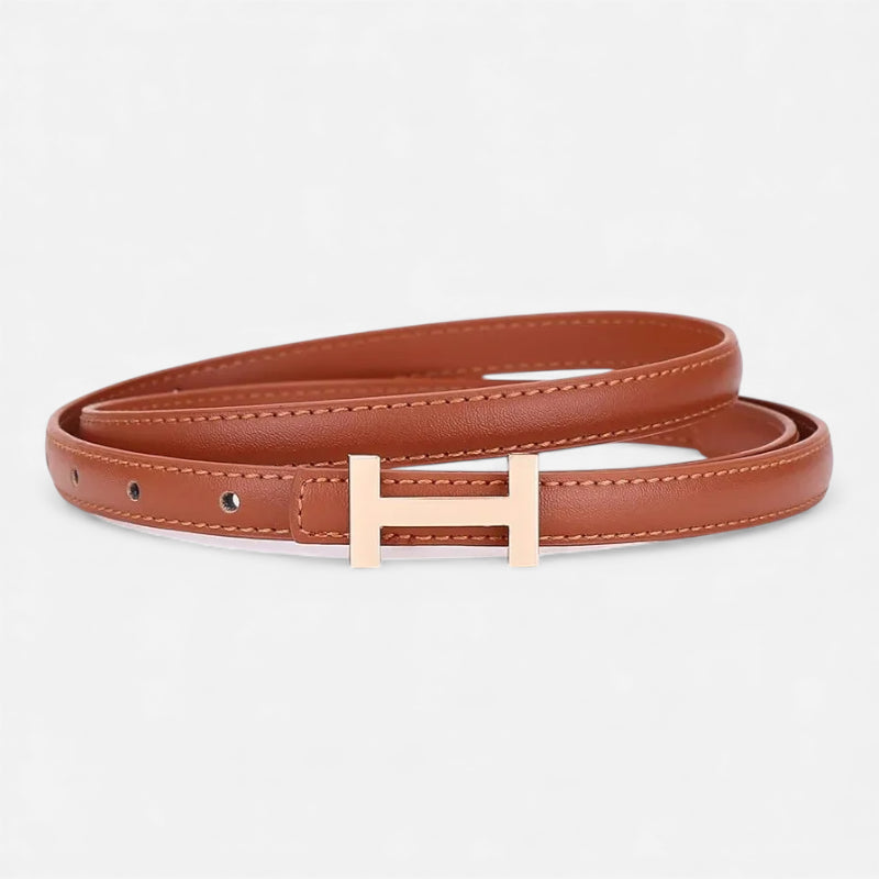Ceinture Boucle H Dorée Fine Cuir Marron Pour Femme