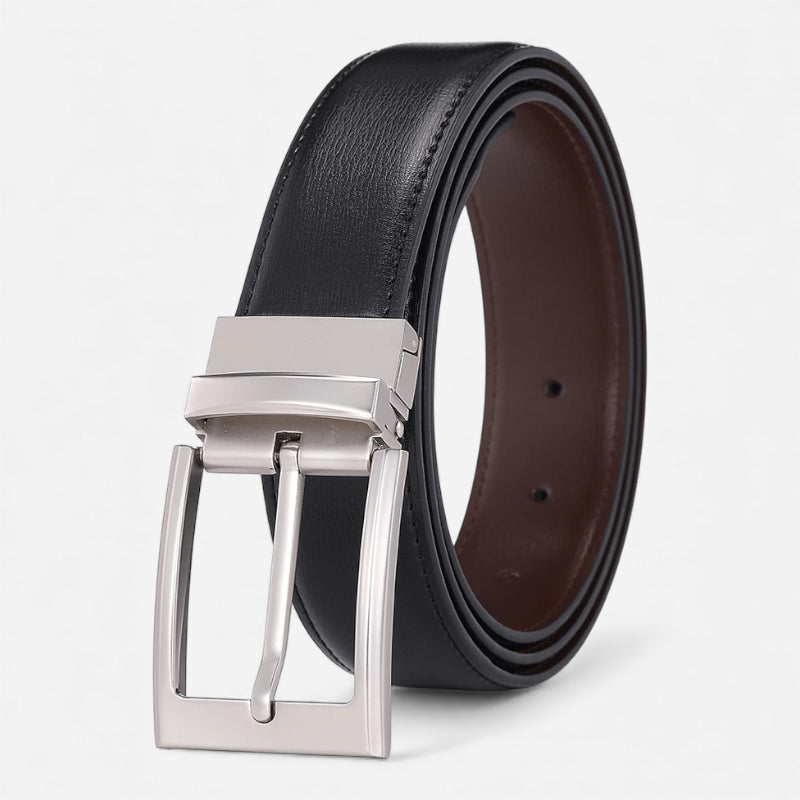 Ceinture En Cuir Noir Boucle Argentée Carré Homme - Réversible 2 en 1