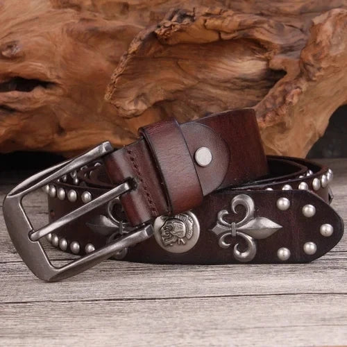 Ceinture Cuir Véritable Marron Cloutée Western Vintage