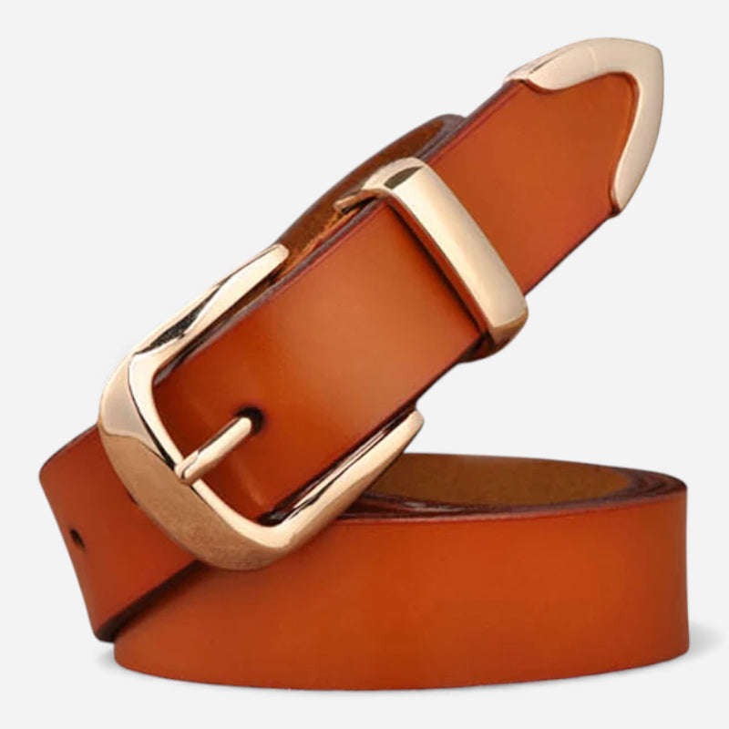 Ceinture Cuir Camel Boucle Dorée Brillant Femme